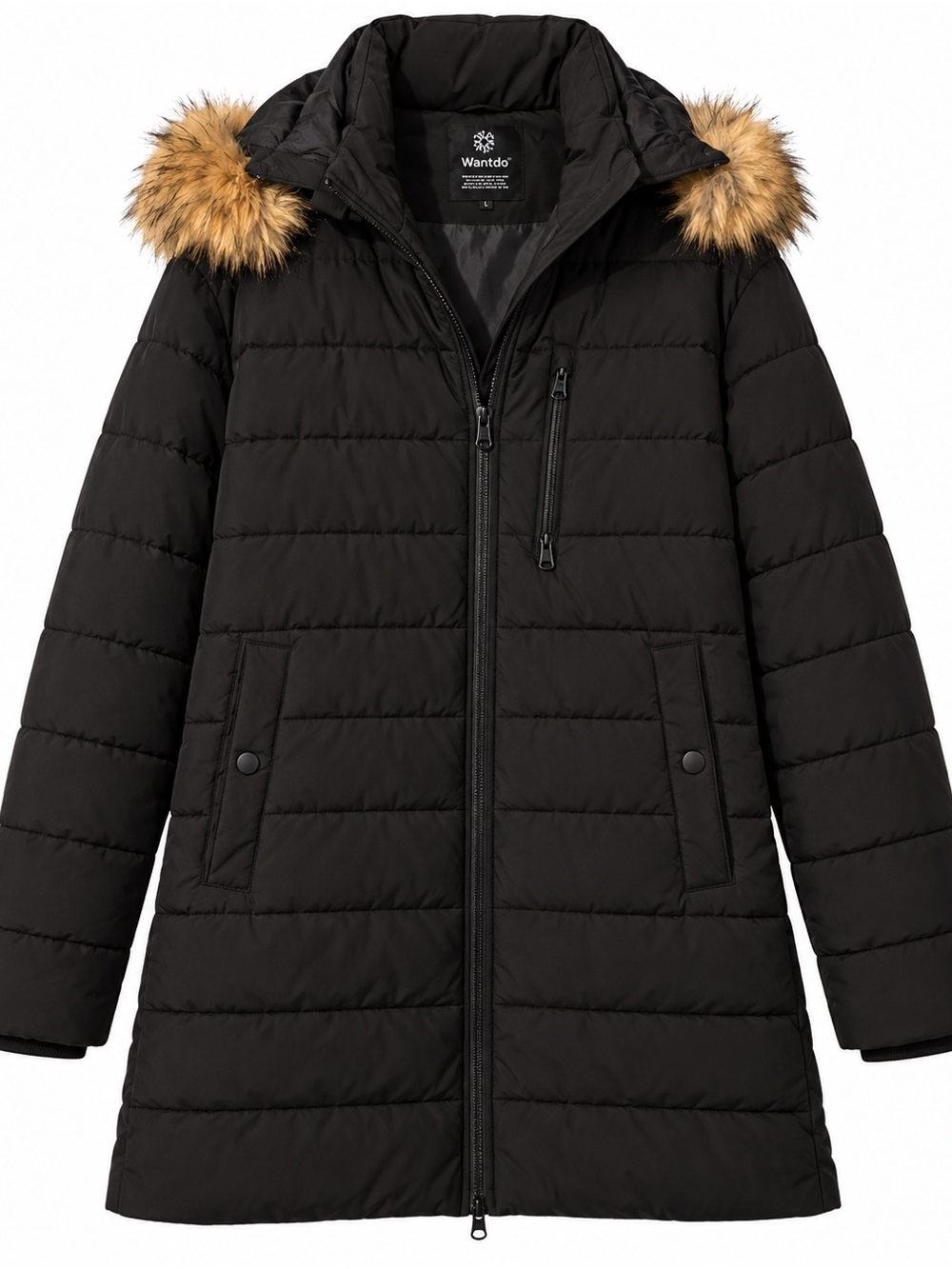 Wantdo Black Quilted Long Puffer Coat with Faux-Fur Trim Hood